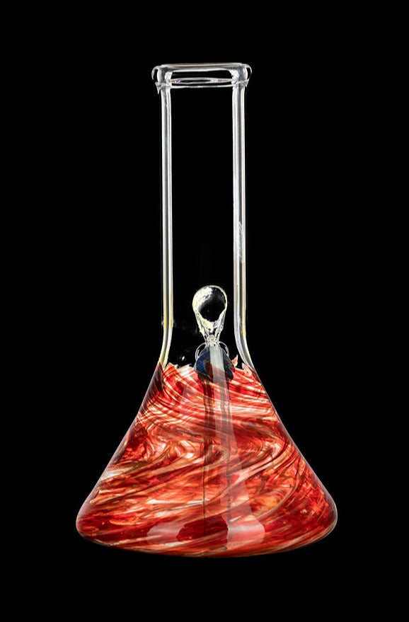 Front view of the DankStop Raked Beaker Water Pipe, showcasing the red and clear glass design with a gently curved neck.