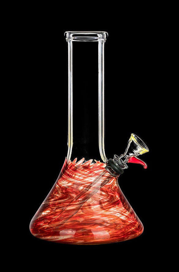 A front view of the DankStop Raked Beaker Water Pipe, showcasing its unique raked design in clear glass.