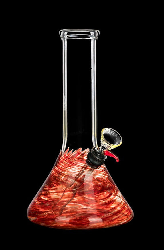 A front view of the DankStop Raked Beaker Water Pipe with a vibrant raked glass design against a dark background.