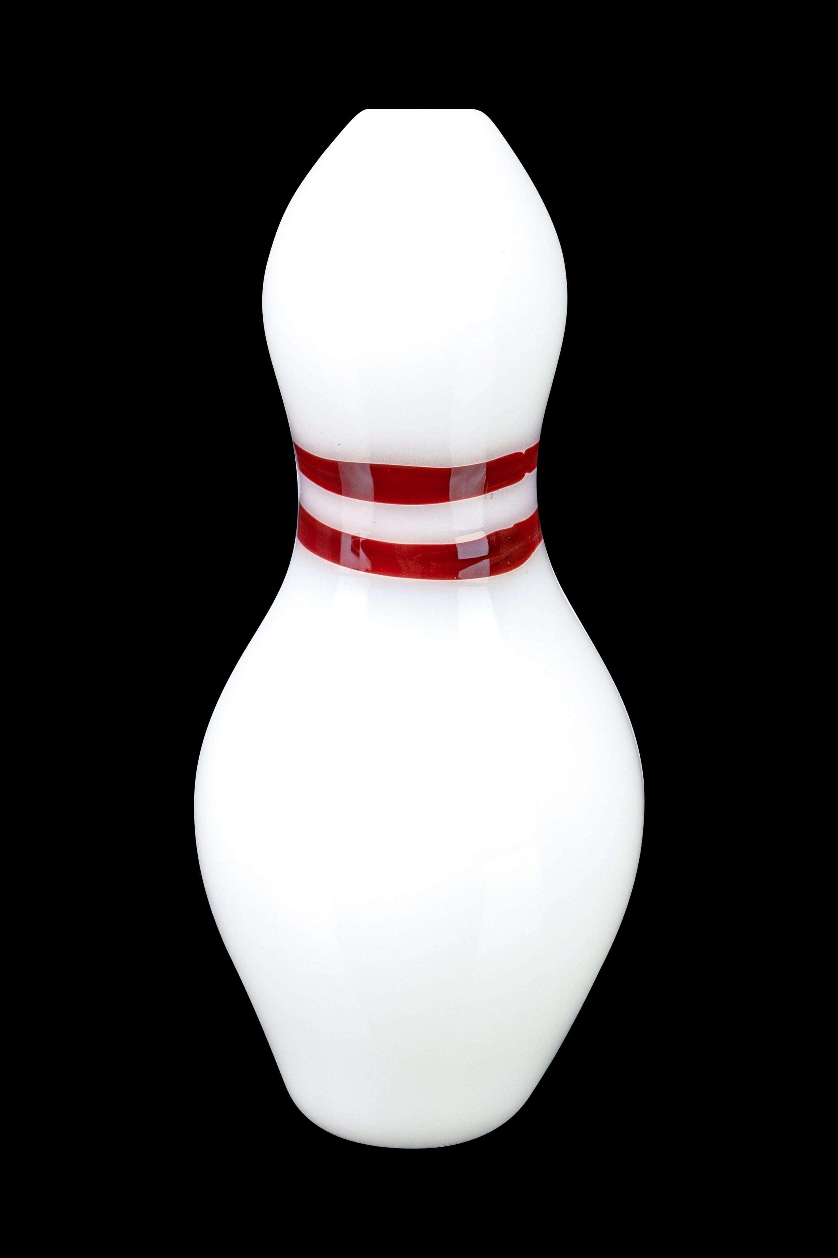 White cannabis pipe shaped like a bowling pin with red stripes.