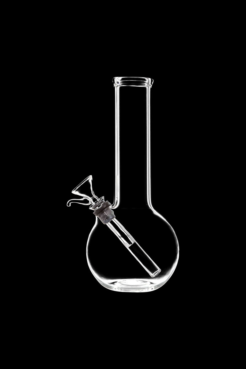 Front view of the Clear Glass Basic Water Pipe, a simple, clear glass pipe with a curved neck design.