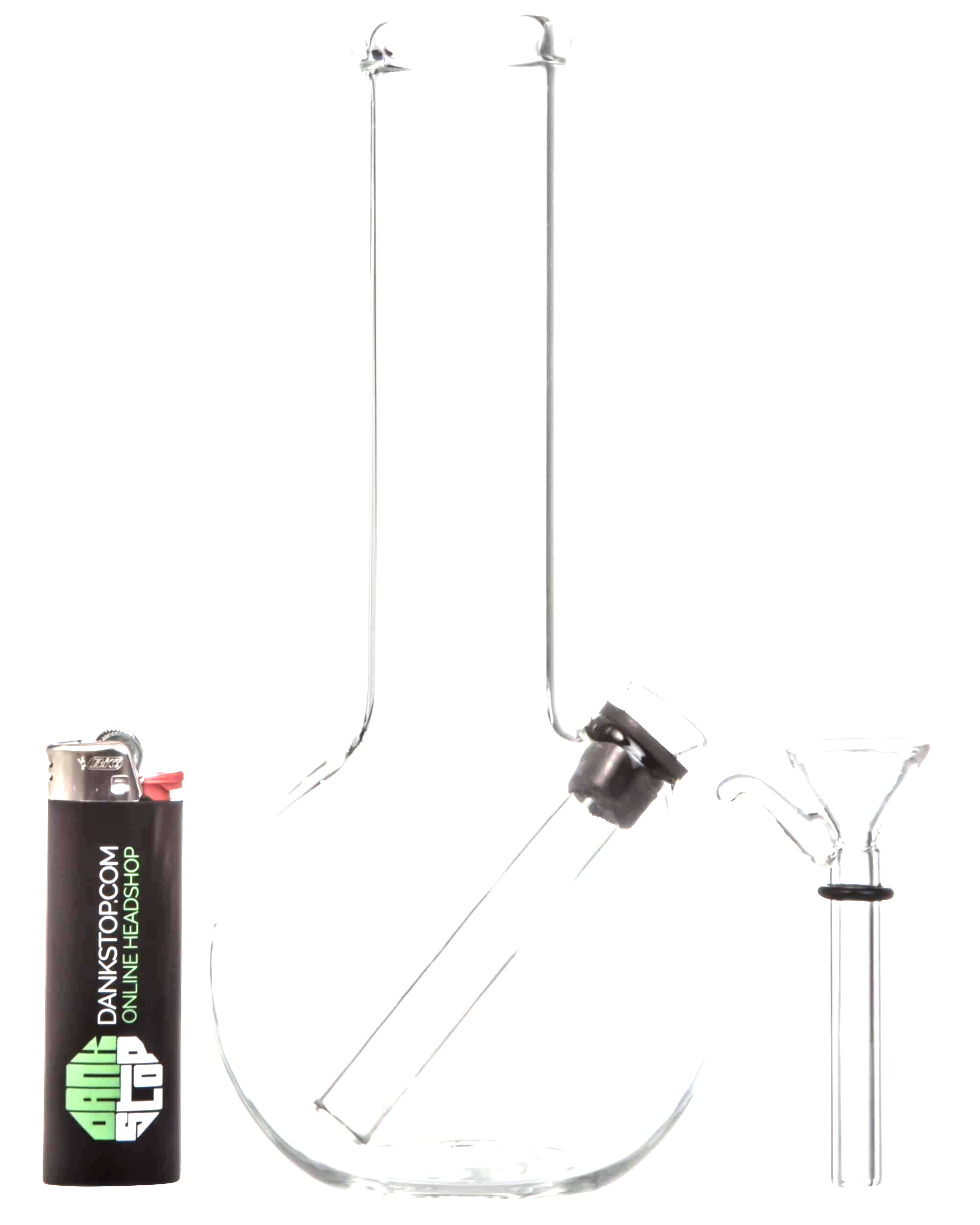 A front view of the Clear Glass Basic Water Pipe, showcasing its simple, transparent glass construction against a plain background.