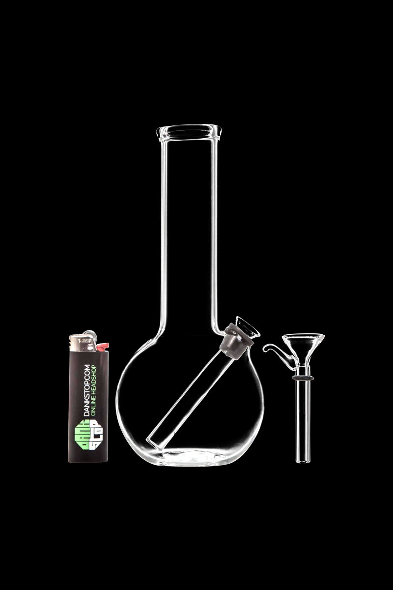 A front view of the Clear Glass Basic Water Pipe, showcasing its simple, clear glass construction and cylindrical shape.