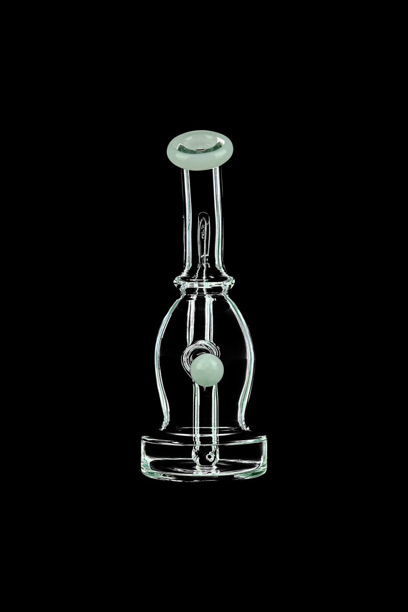 A front view of the DankStop Curved Body Dab Rig With Colored Accents, showing the sleek glass form with a colorful accent near the top.