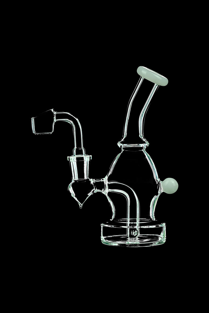 A studio shot of the DankStop Curved Body Dab Rig With Colored Accents, showcasing its curved glass form and colorful joint accents.