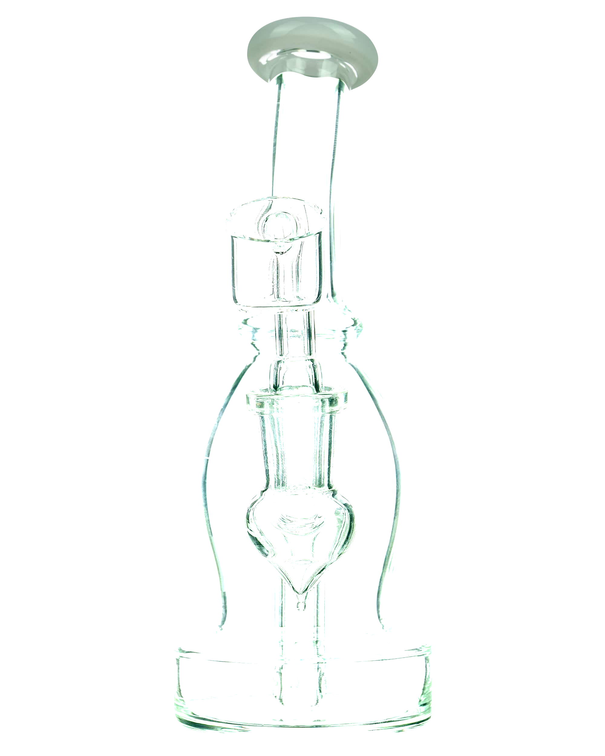A front view of the DankStop Curved Body Dab Rig With Colored Accents, showing its sleek glass form and curved body.