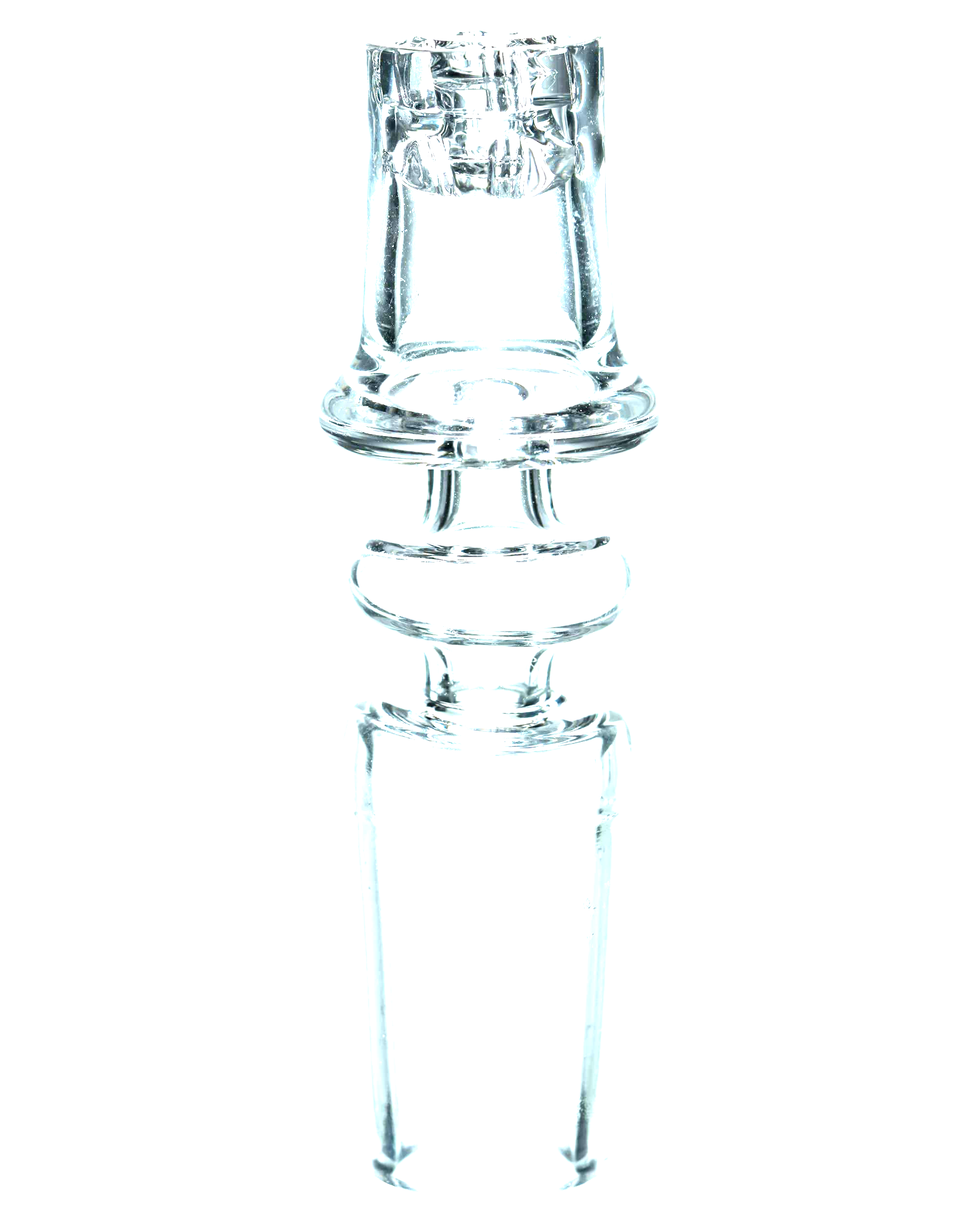 Close-up, front view of the clear Diamond Knot Domeless Nail showing its knotted glass top and flared base against a black background