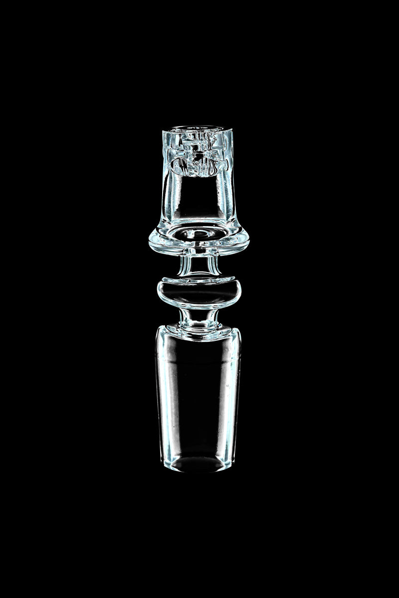 Center-frontal view of a clear glass Diamond Knot Domeless Nail suspended against a black background, showing its stacked ring and joint details.