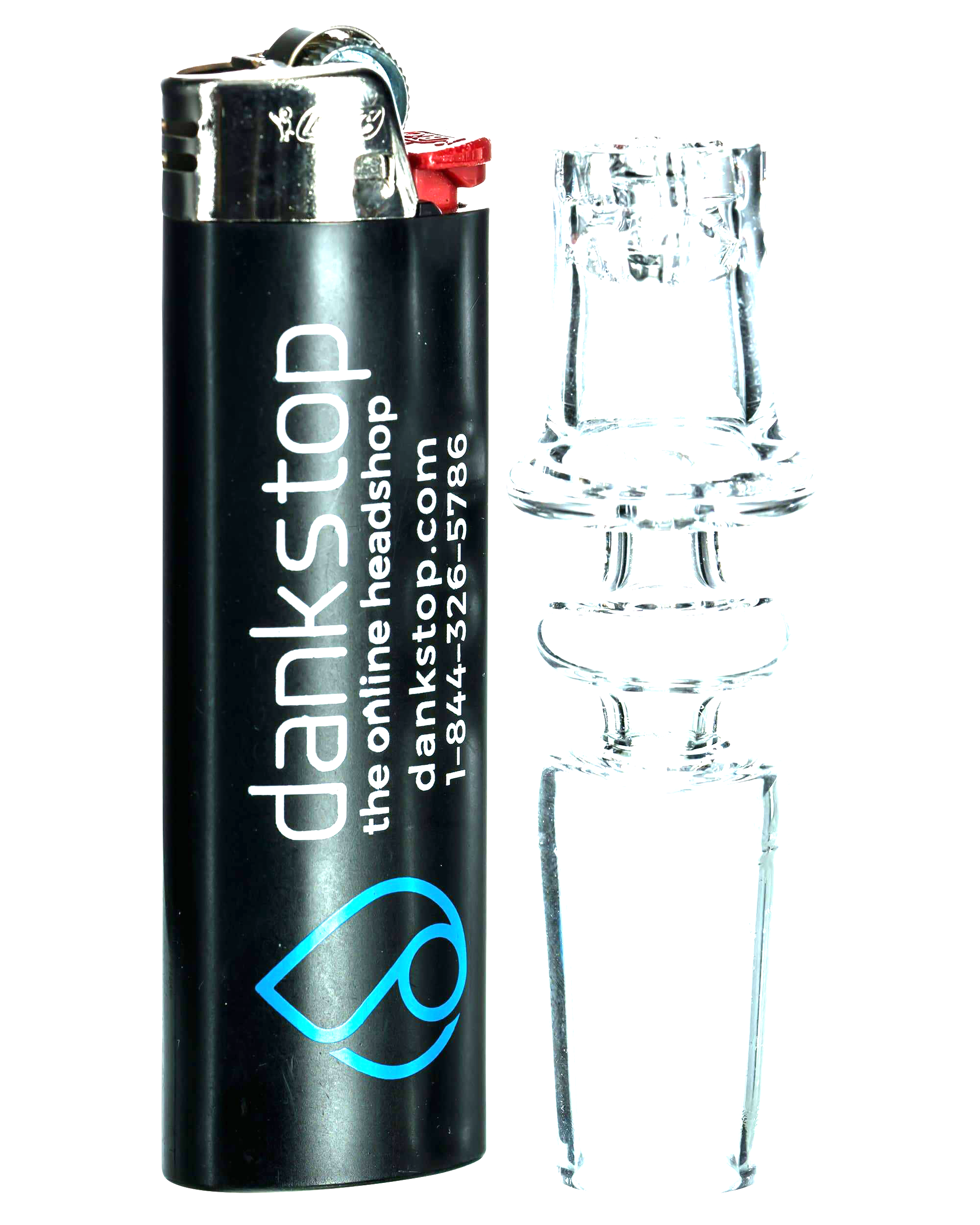 Close-up side view of the Diamond Knot Domeless Nail beside a black lighter, shown on a black background.