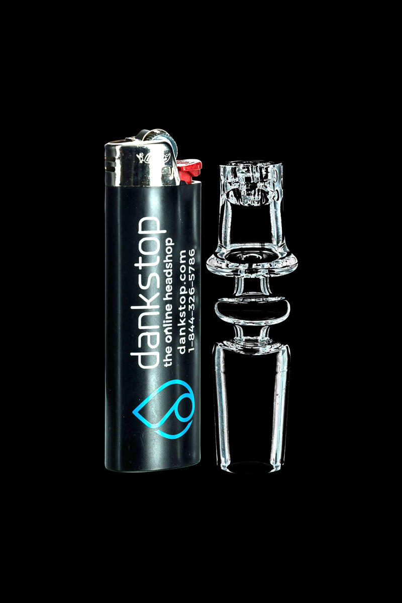 Side-by-side front view of a black lighter and a clear glass Diamond Knot Domeless Nail against a black background.