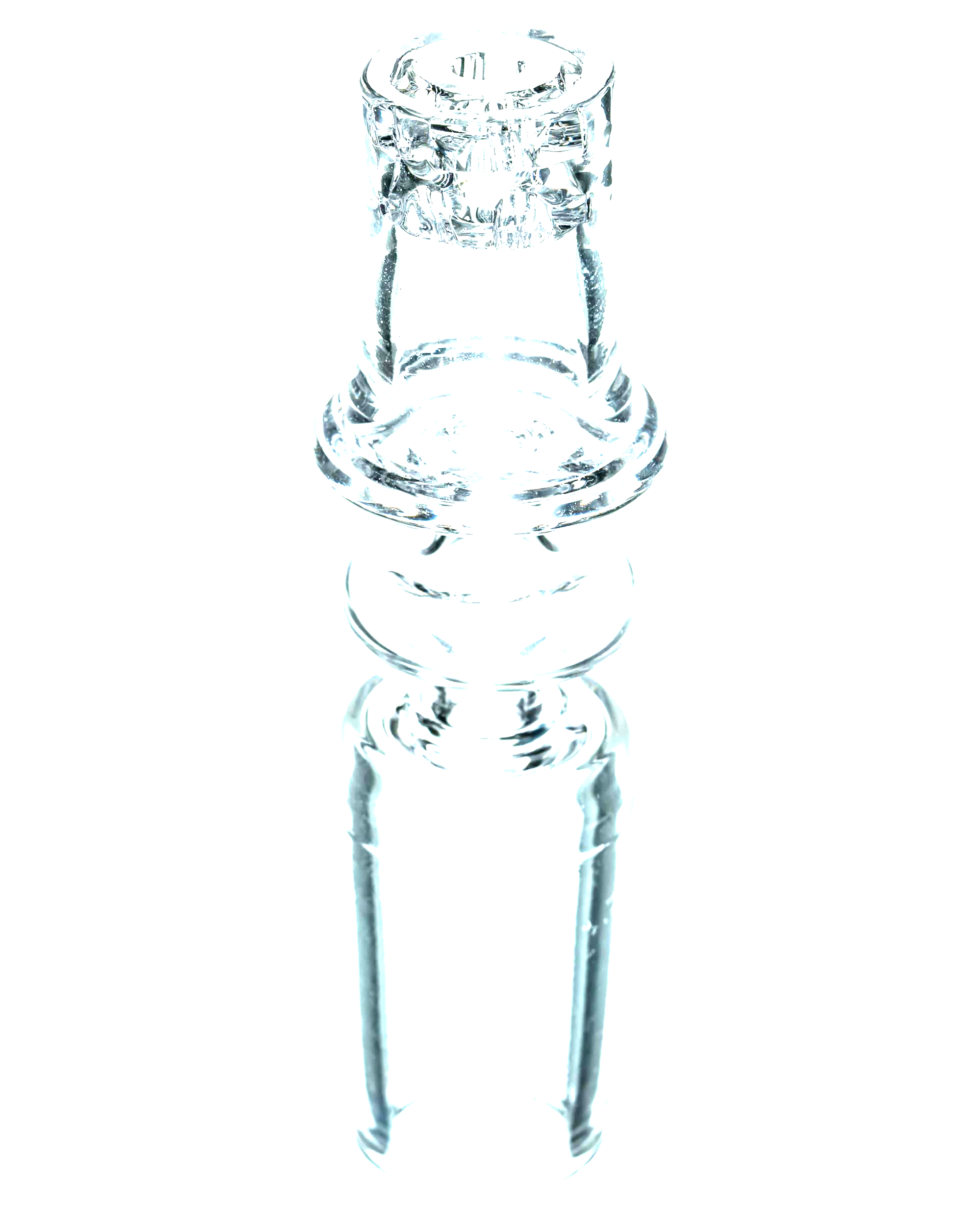 Close-up top-down view of a clear glass Diamond Knot Domeless Nail showing its textured rim and cylindrical body against a black background