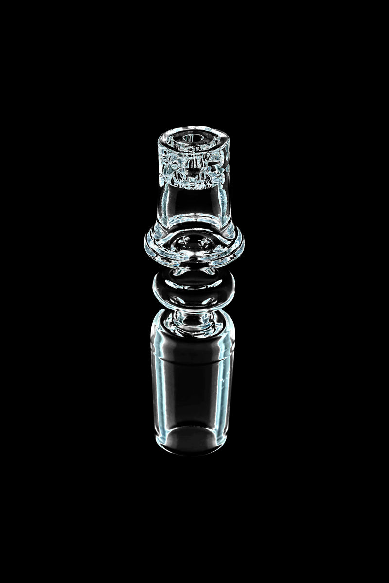 Centered front view of a clear glass Diamond Knot Domeless Nail against a black background, lit to highlight its textured top and smooth cylindrical joint.