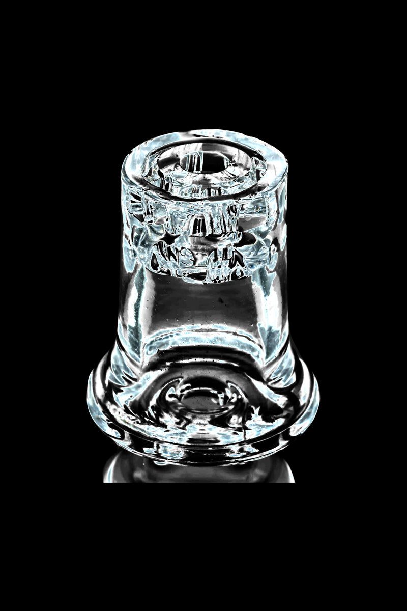 Close-up front view of the Diamond Knot Domeless Nail, a clear glass 20mm male joint piece on a black reflective background.