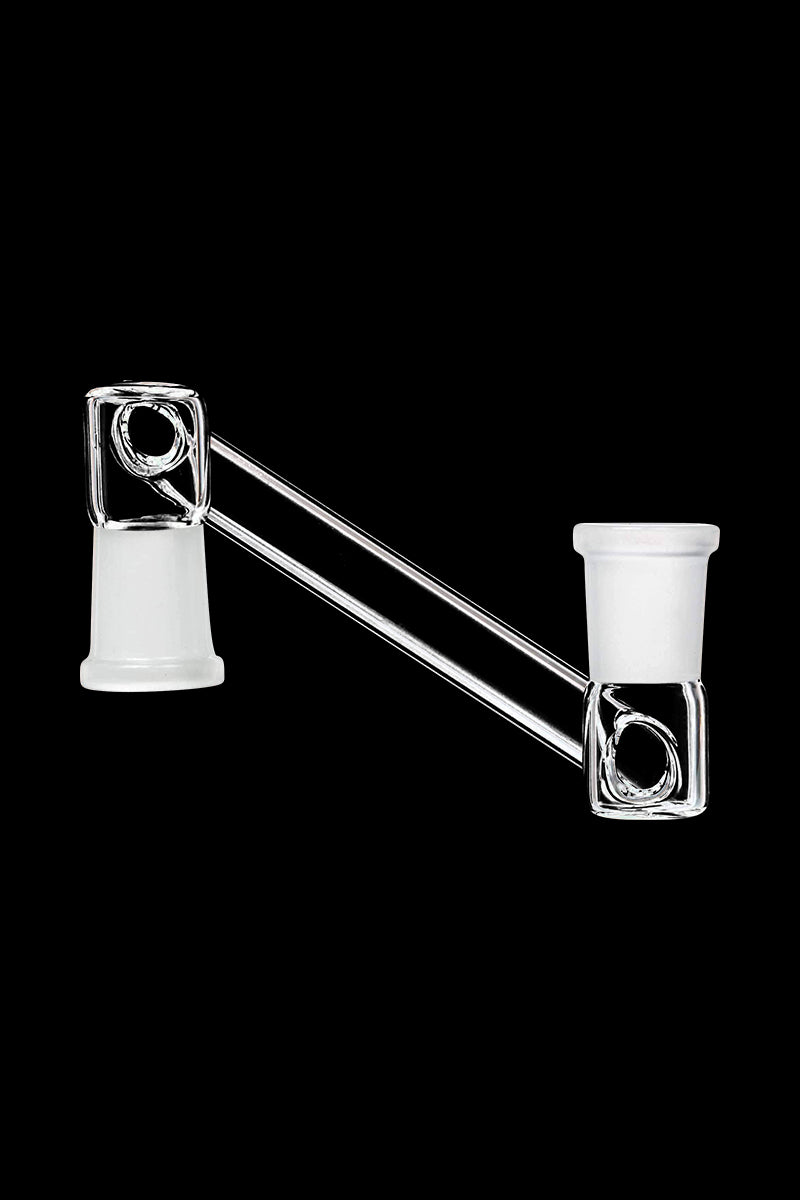 A side view of the Dropdown Adapter, a clear glass connector with a curved design and visible joint detail.