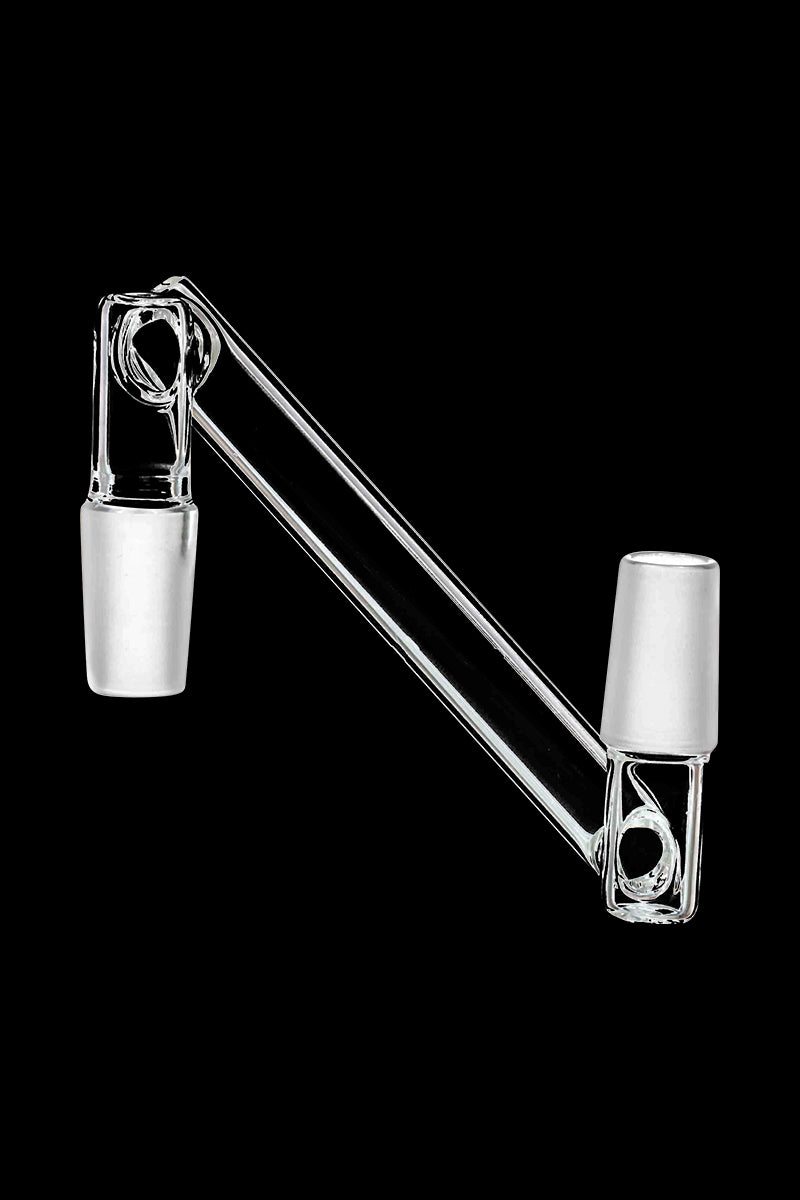 A close-up, angled view of the Dropdown Adapter, showcasing its clear glass construction and joint connections.