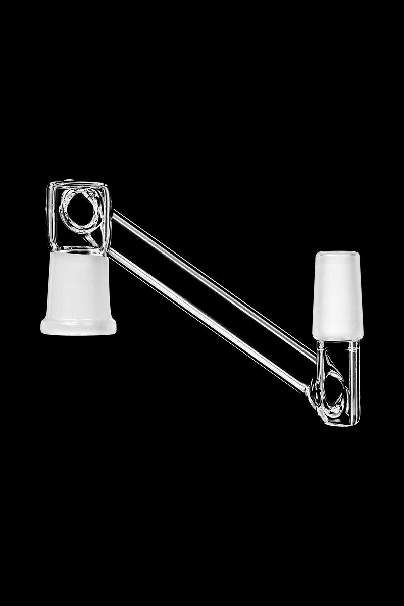 A slightly angled view of the Dropdown Adapter, a clear glass connector with a simple, cylindrical design.
