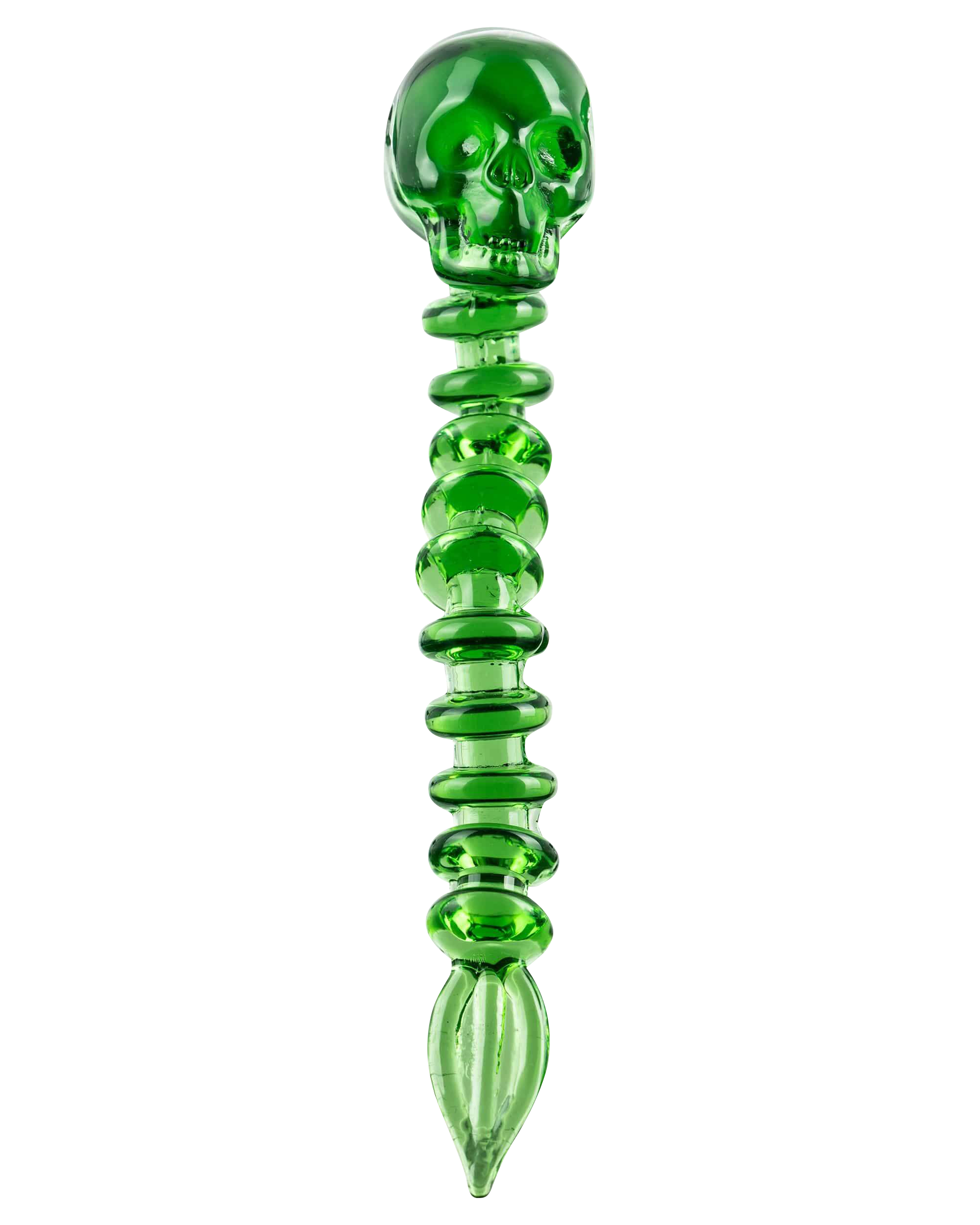 Front view of the Fatality Dabber, a sleek, green glass tool with a pointed tip, isolated on a white background.