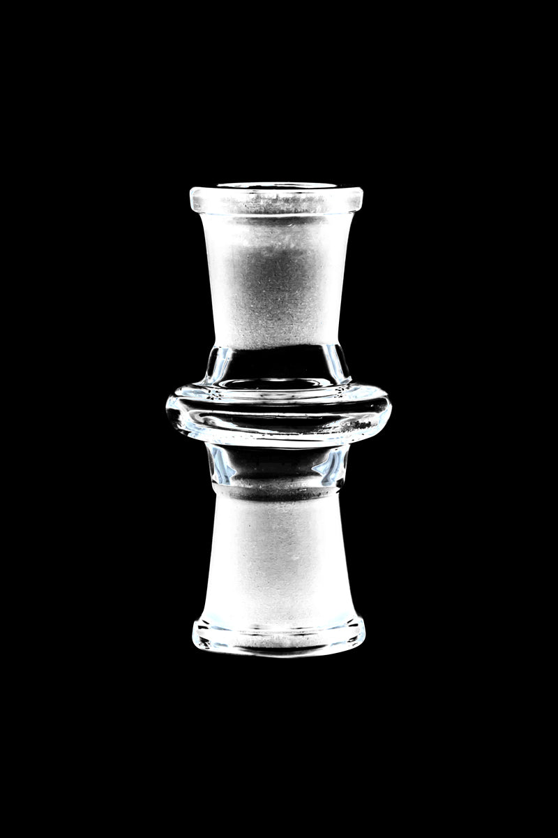 Center-lit studio shot of a clear Female to Female Adapter showing its frosted 14mm panes and rounded central collar against black.