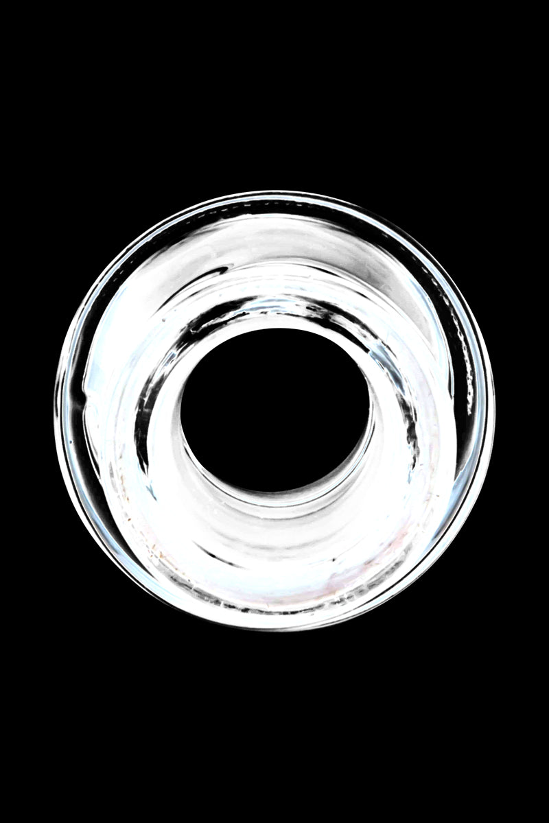 Top-down view of a clear Female to Female Adapter set against a black background, showing concentric glass rings and a central circular opening.