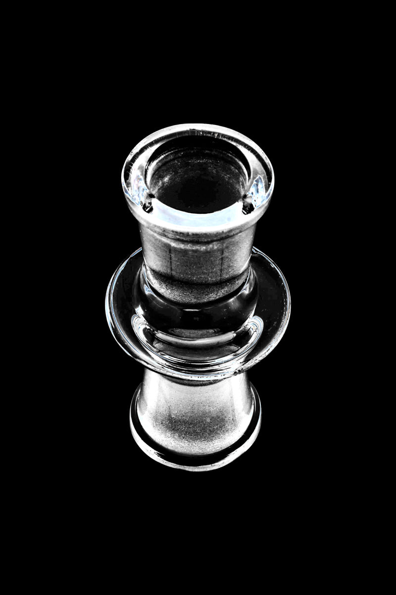 Top-down studio shot of a clear Female to Female Adapter against a black background, showing its flared rims and central collar.