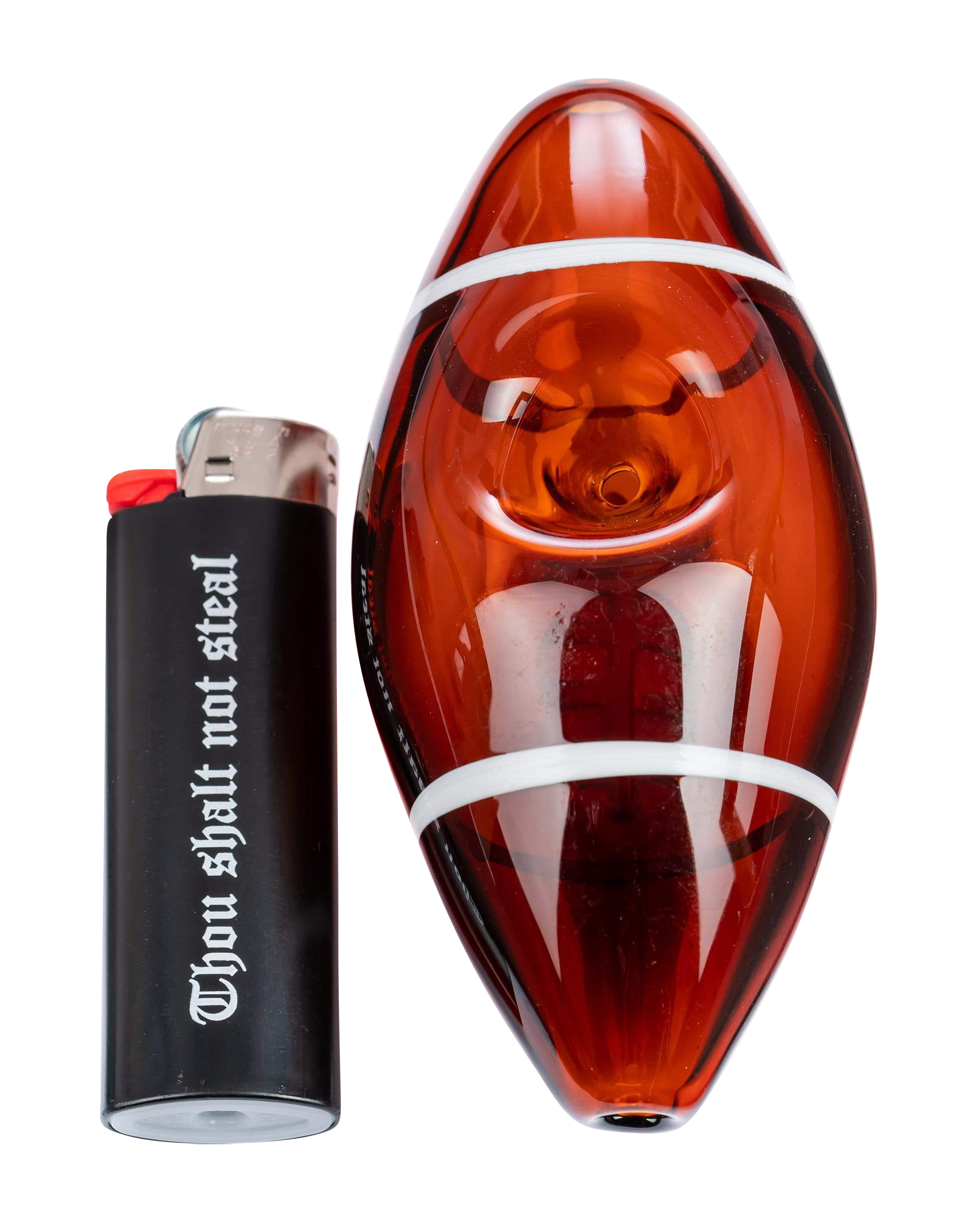 Close-up front view of the Football Hand Pipe showing an amber glass football-shaped bowl with white stripe accents.