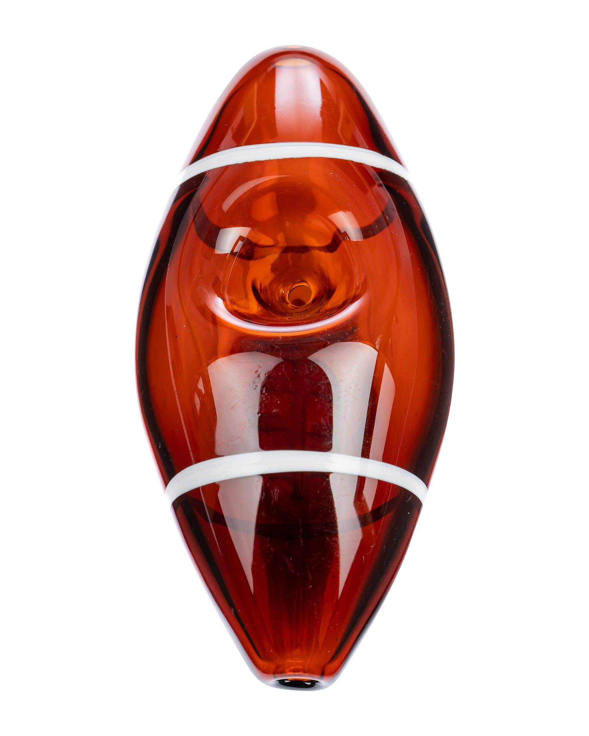 Top-down close-up of a red glass Football Hand Pipe with white stripes against a solid black background