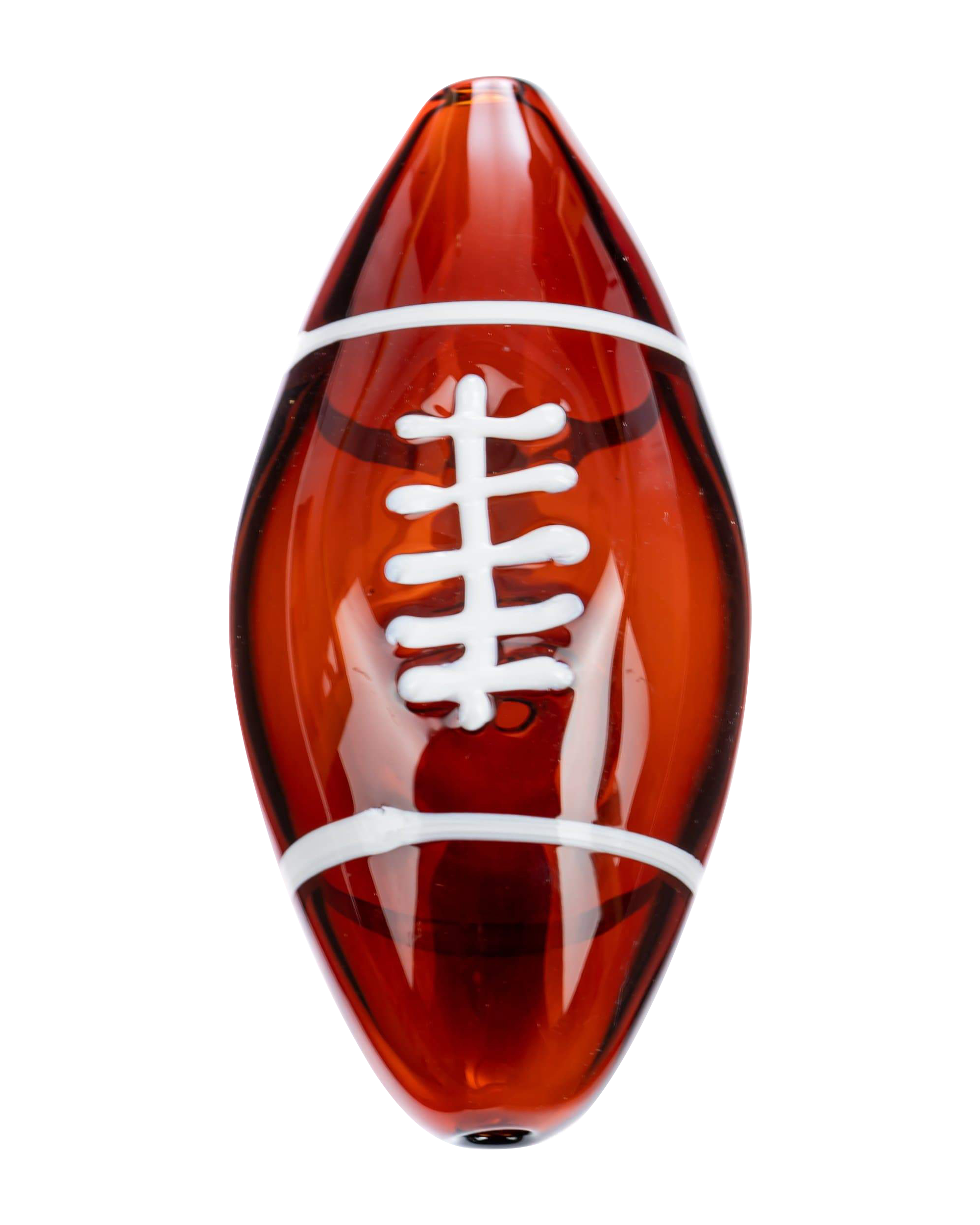 Close-up front view of the Football Hand Pipe showing a glossy amber glass football shape with white laces against a black background.
