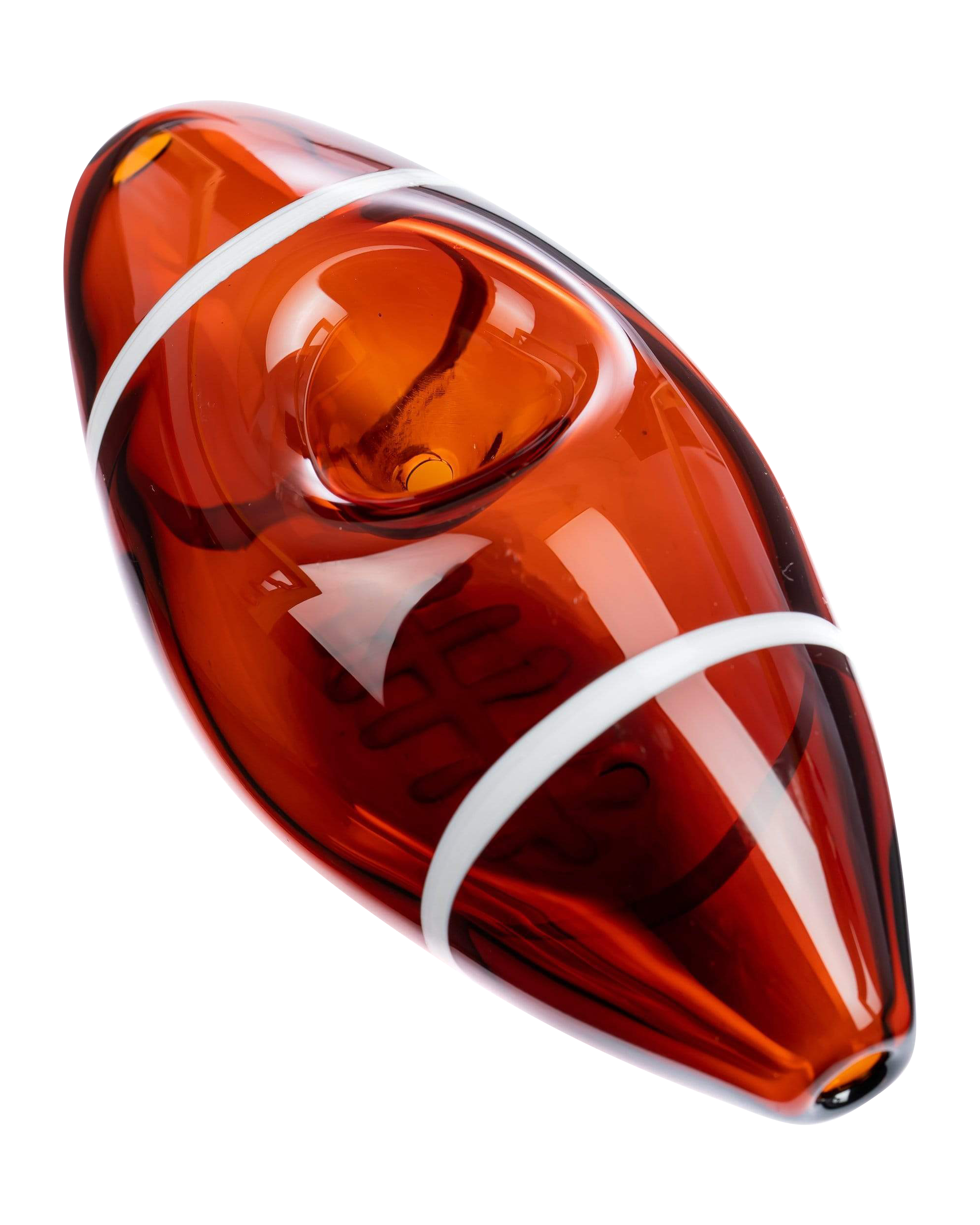 Angled close-up of a glossy red Football Hand Pipe showing its curved bowl and white stripe against a black background