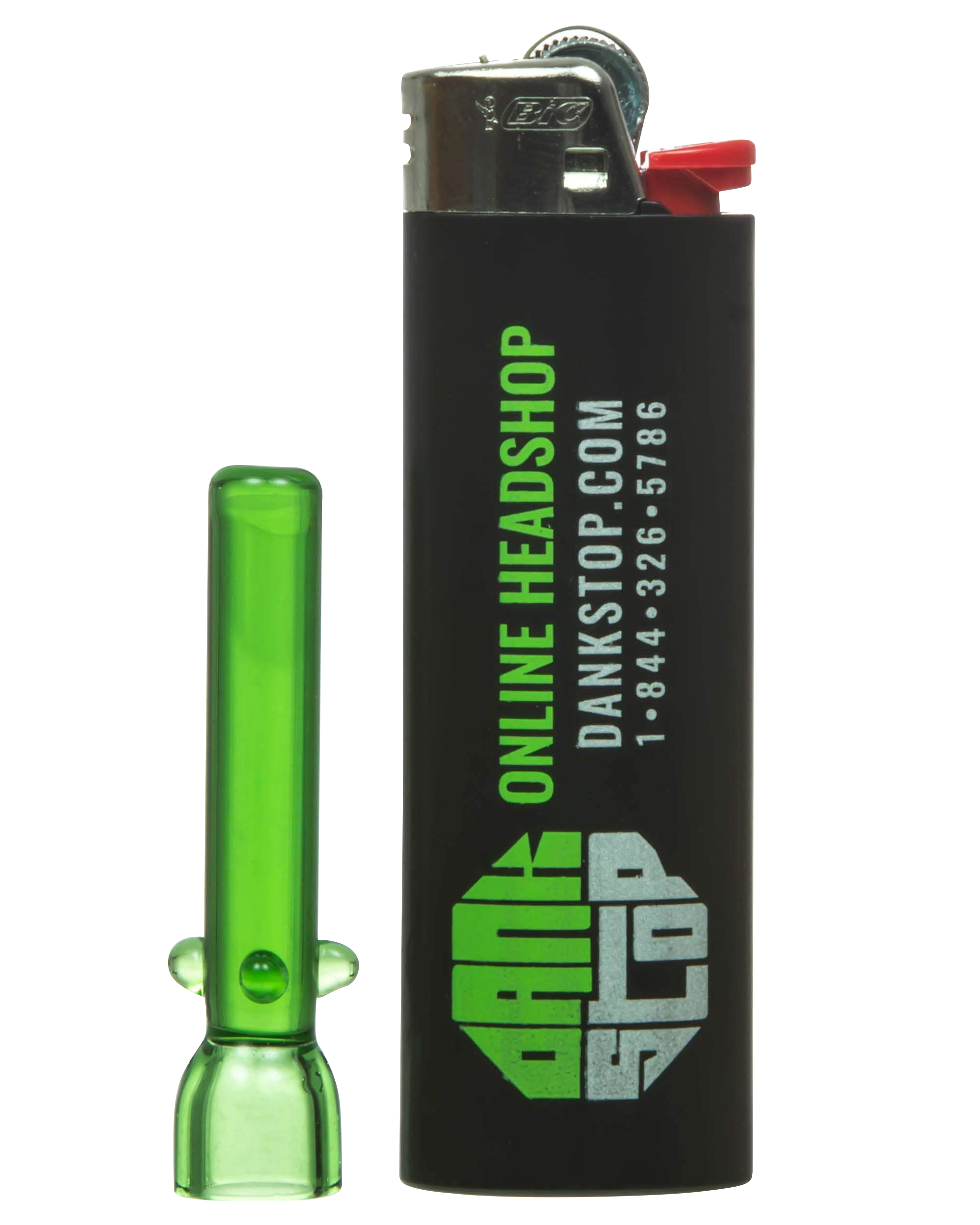 A close-up, side view of the Glass Nail positioned next to a lighter, emphasizing its clear glass construction.