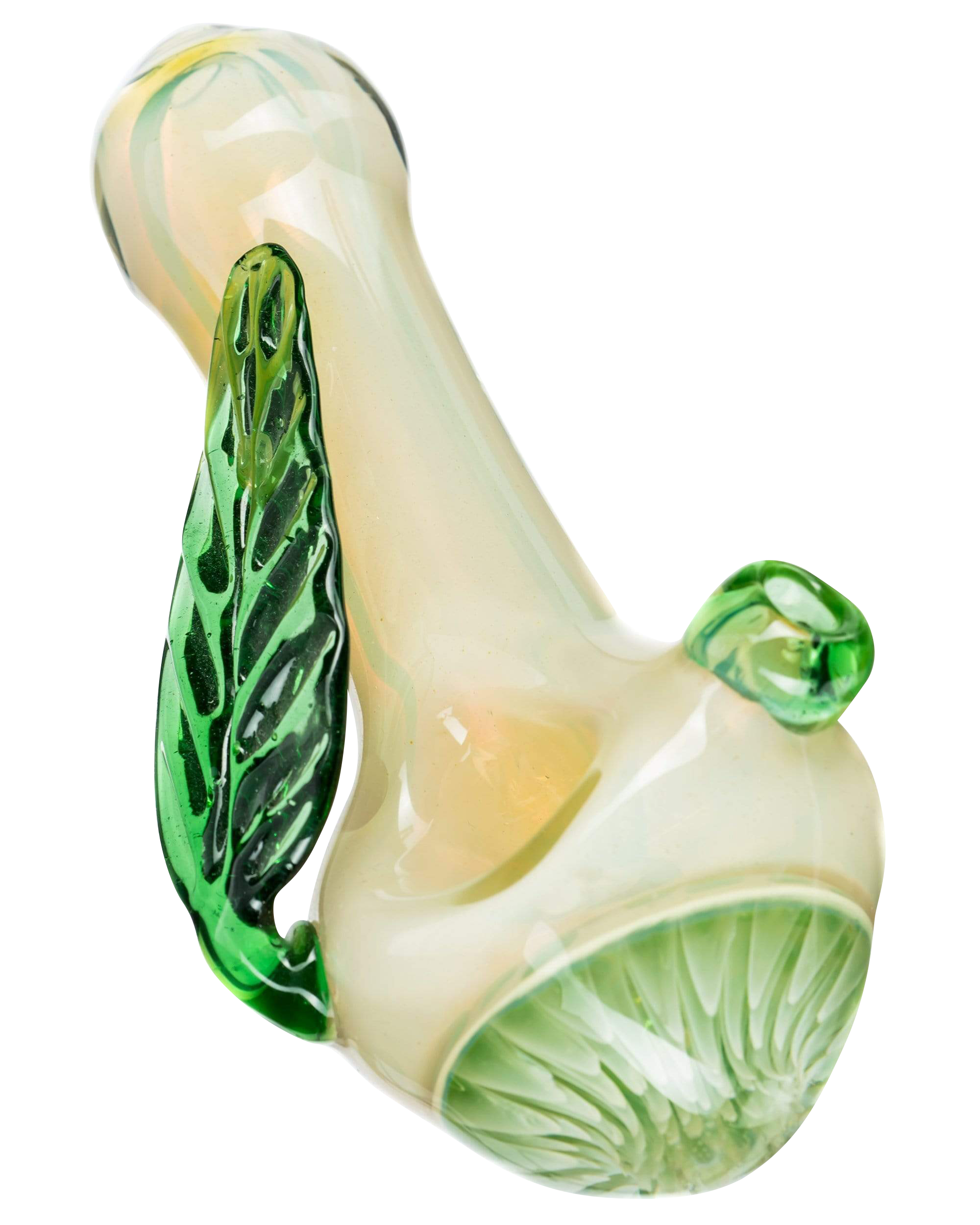 A close-up, angled view of the Leafy Green Mushroom Milli Spoon Pipe, showcasing its green, mushroom-shaped bowl and curved design.