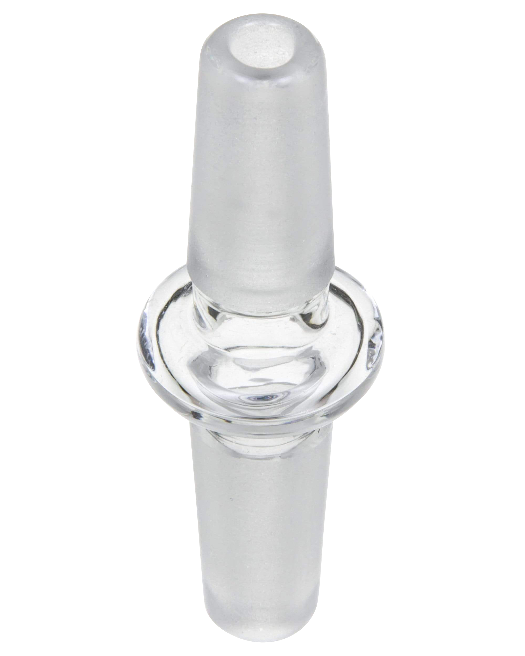 A clear glass Male to Male Glass Adapter is pictured from a slight upward angle against a white backdrop.