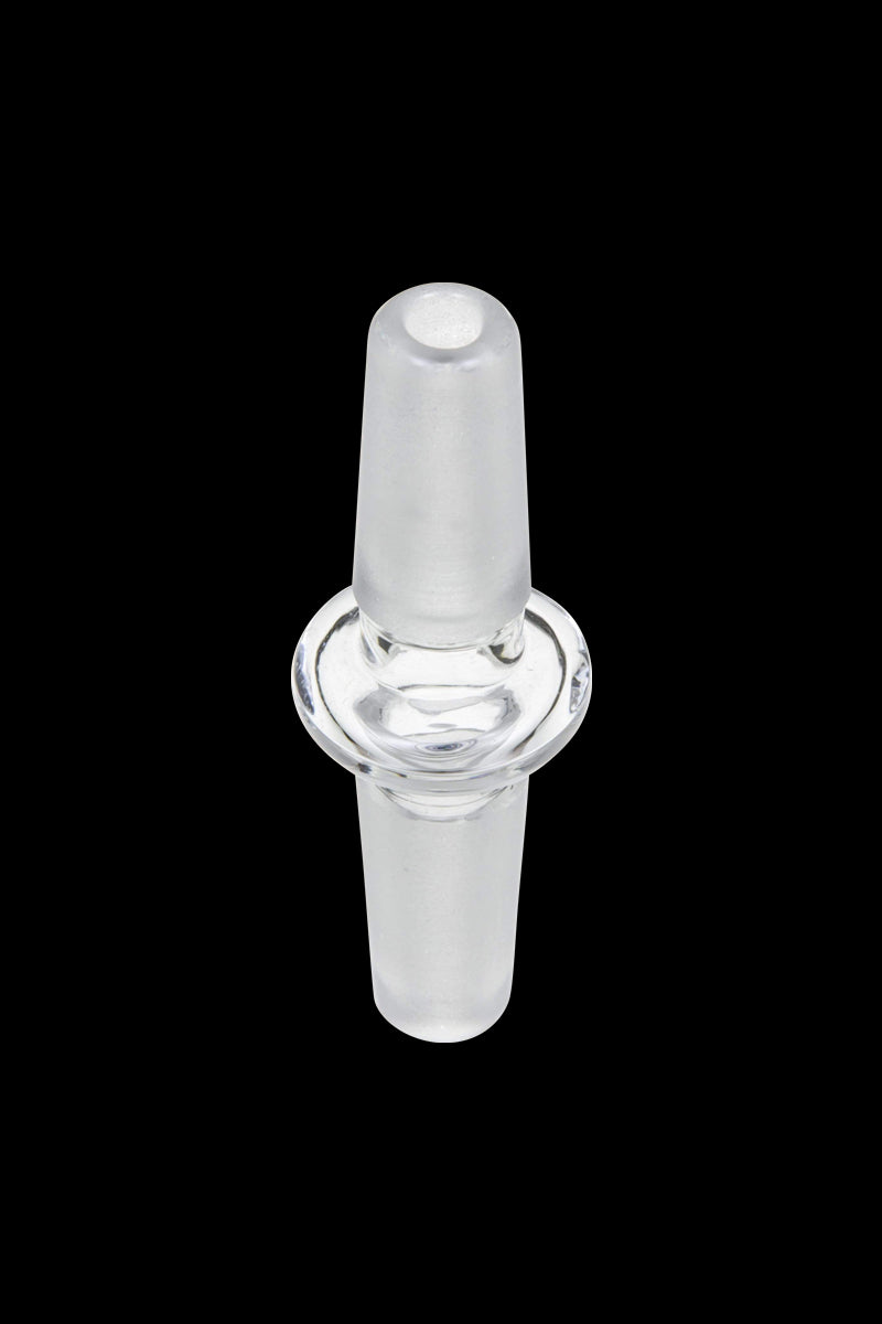 A clear glass Male to Male Glass Adapter is pictured from a slightly angled front view against a plain white background.