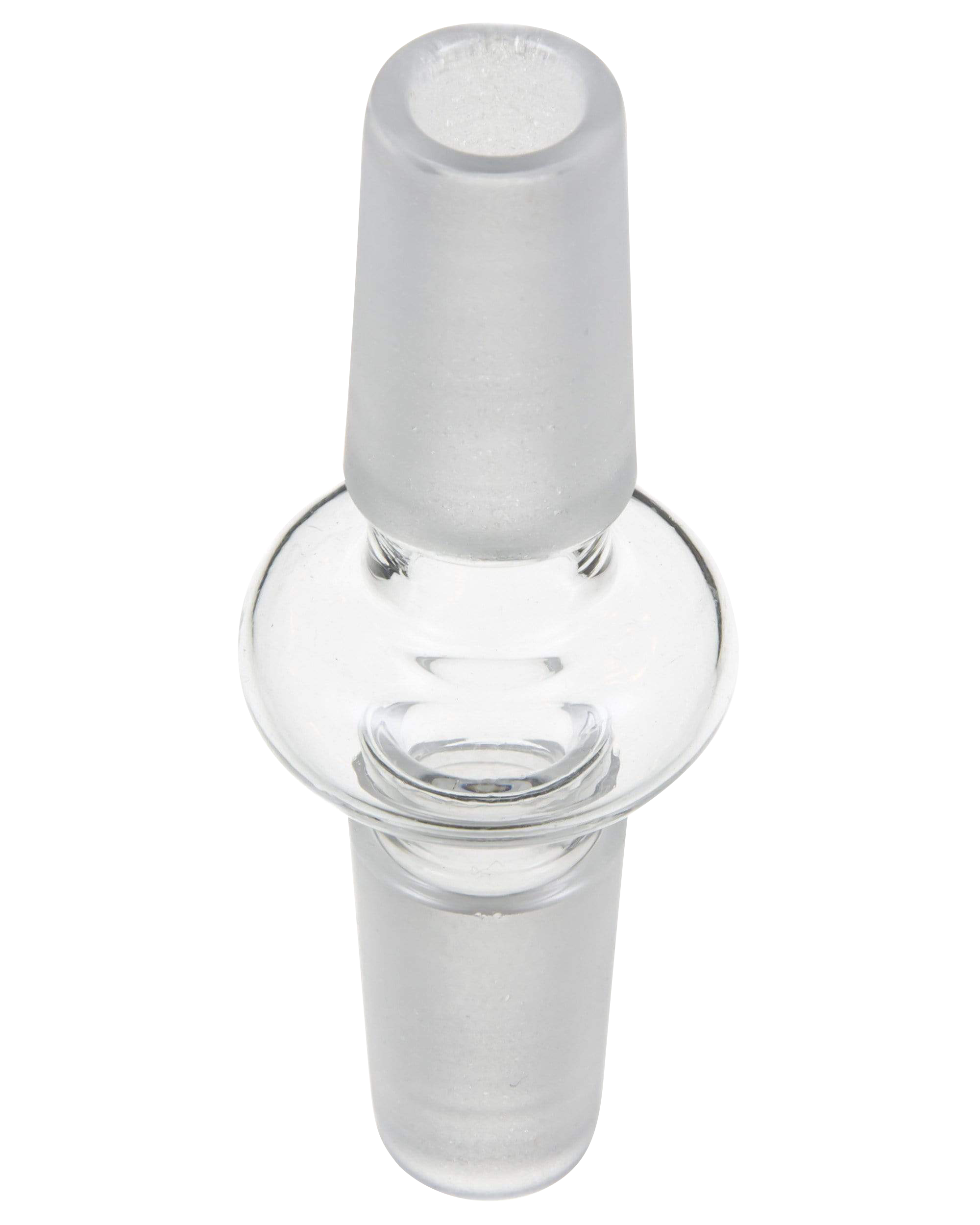 A clear glass Male to Male Glass Adapter is displayed at a slight angle against a plain white background.