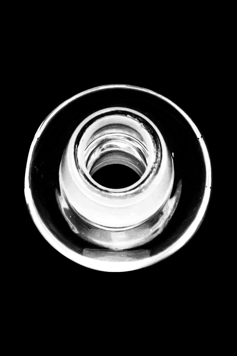 Close-up view of the Male to Male Glass Adapter, showcasing a clear glass connection from a unique angled perspective.