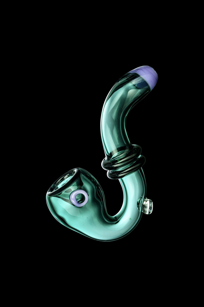 Angled studio shot of the green glass Maria Ring Sherlock Pipe with a curved stem, purple accents, and glossy reflections on a black background.