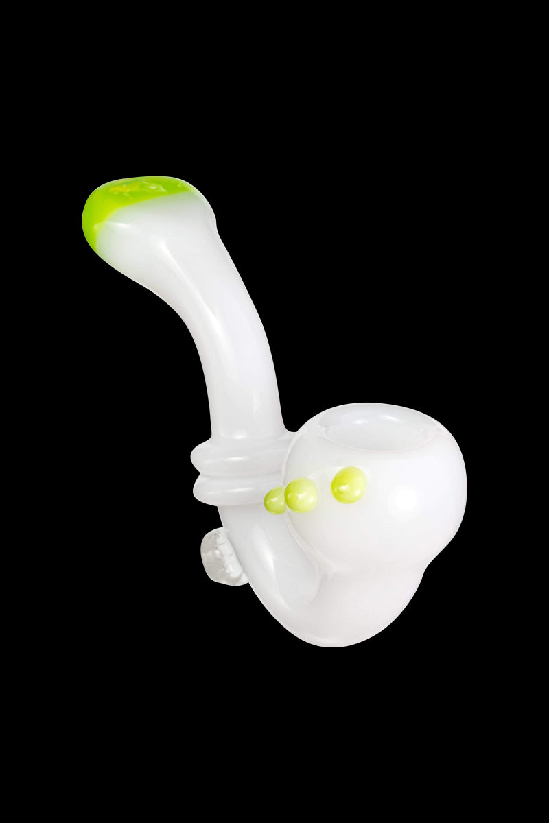 Angled studio shot of the Maria Ring Sherlock Pipe showing a white glass body with a curved stem and lime-green accents on the mouthpiece and knobby side beads.