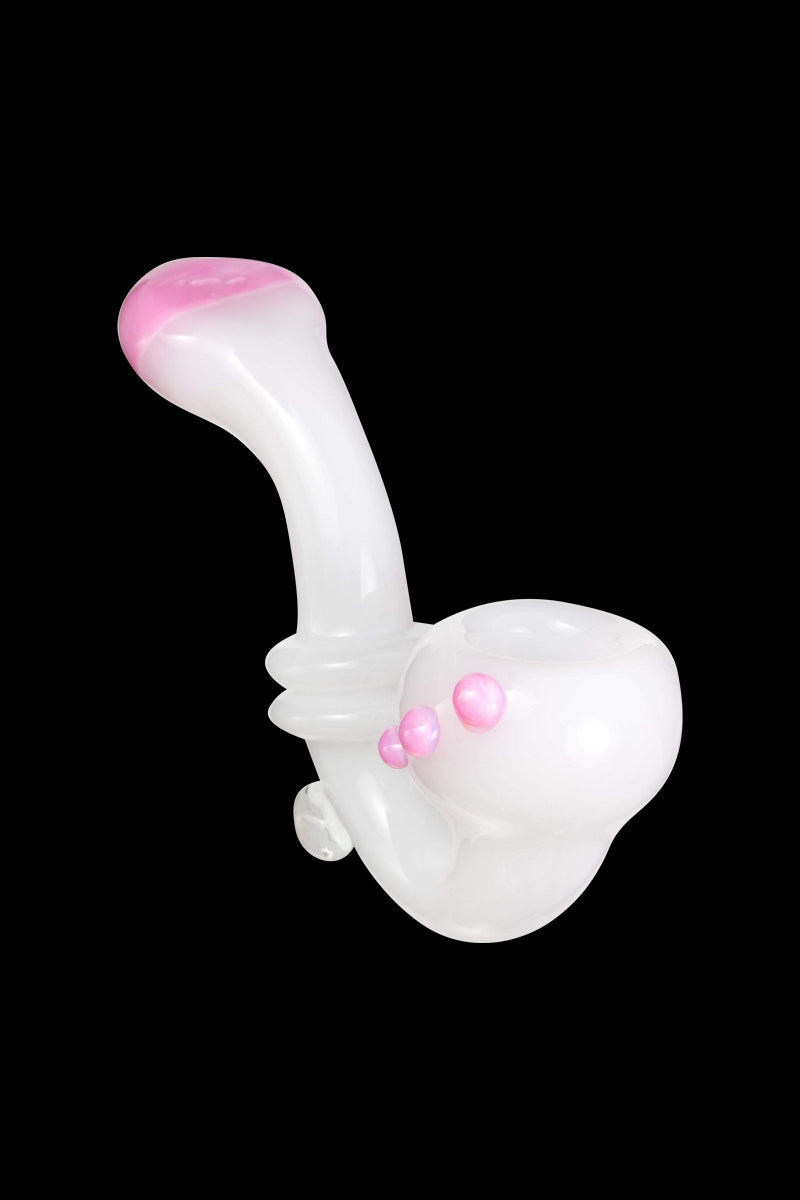 Angled side view of the Maria Ring Sherlock Pipe in glossy white with pink accents against a black background.