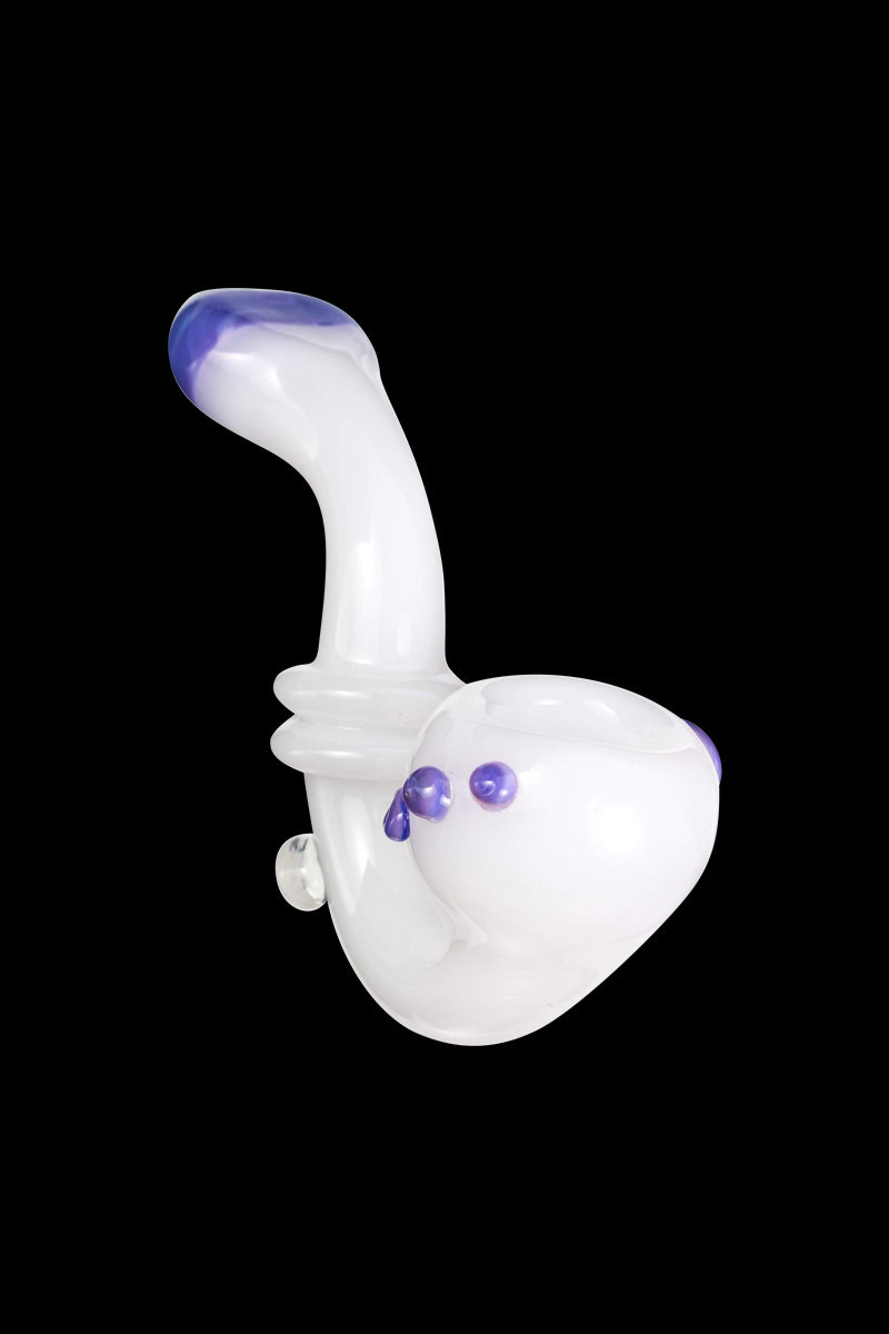 Angled side view of the Maria Ring Sherlock Pipe, a white glass sherlock with purple accents on the mouthpiece and decorative knobs against a black background.