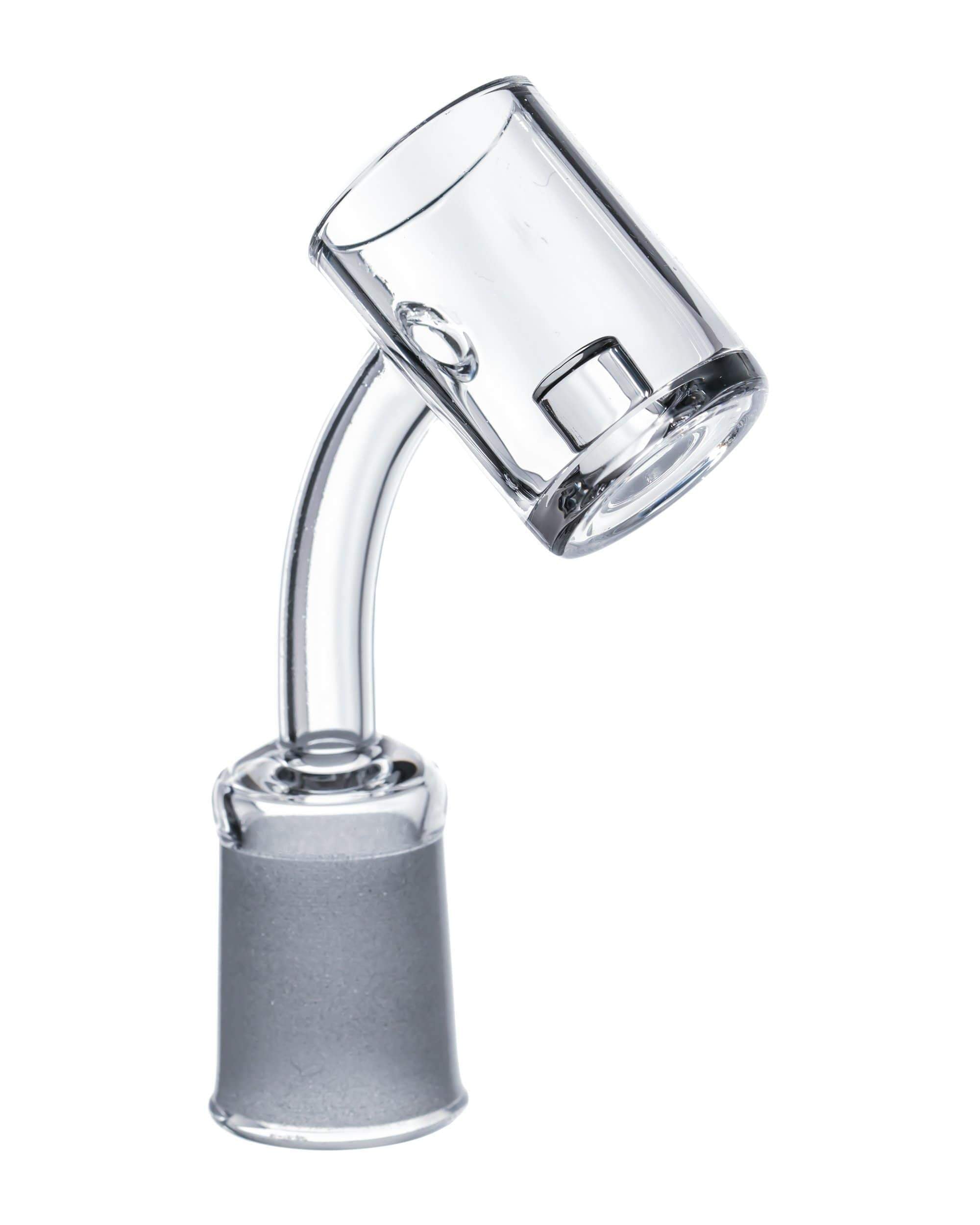 A close-up shot of the Quartz Core Reactor Banger Nail, showcasing its clear glass construction and angled design against a plain white background.