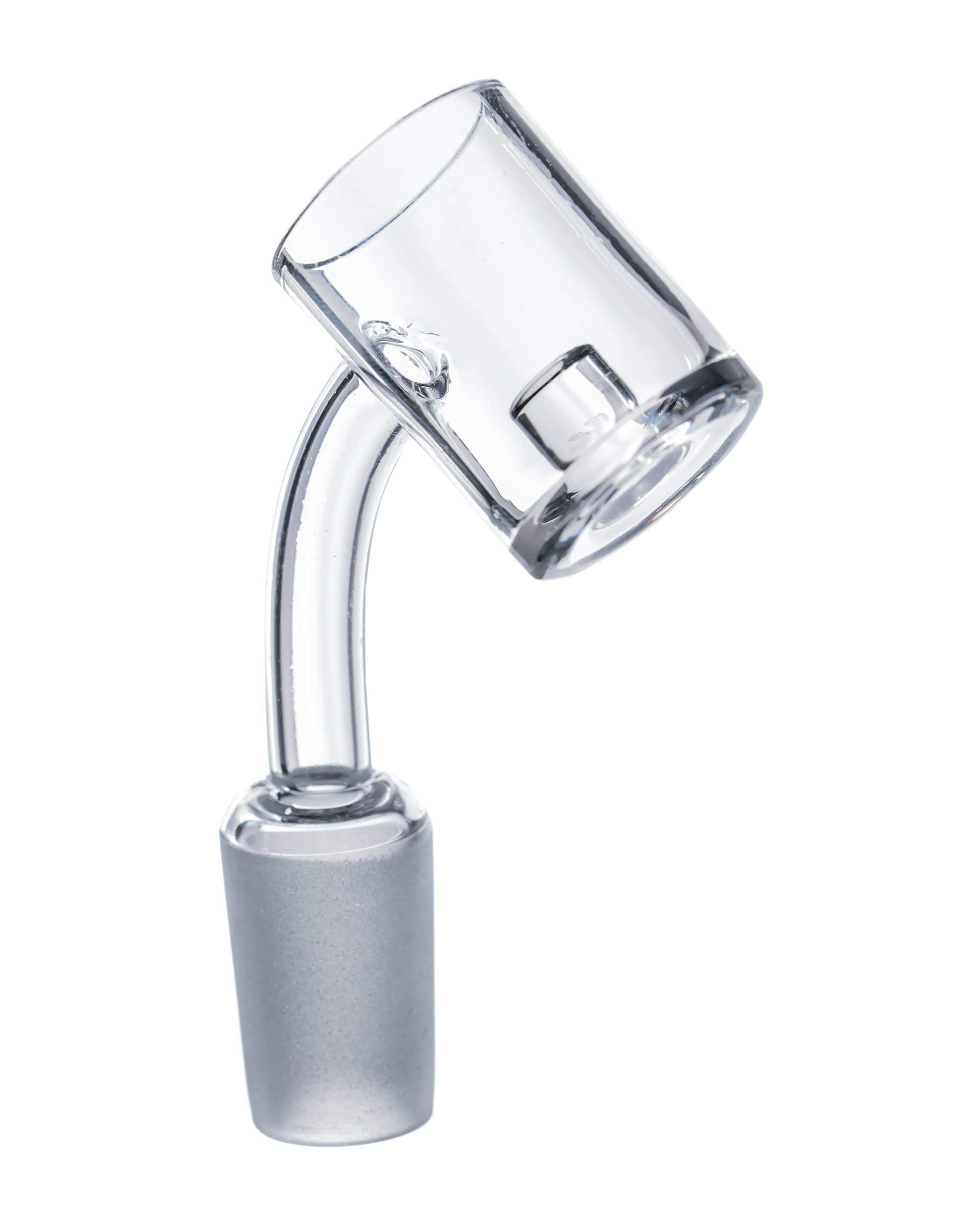 A studio shot of the Quartz Core Reactor Banger Nail, showing the clear quartz core within the angled banger.