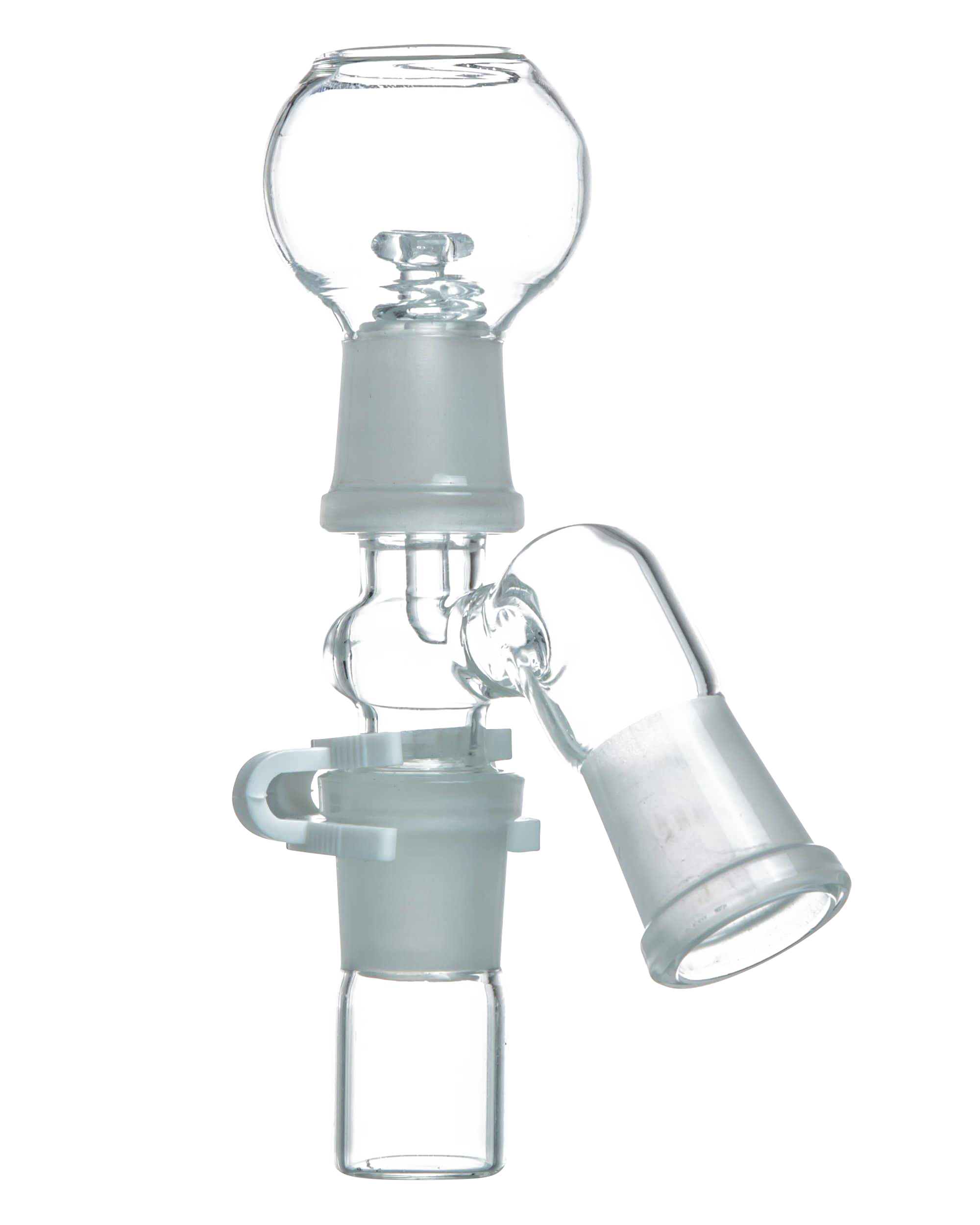 Close-up front view of the glass Reclaim Catcher showing its spherical top chamber, angled joint, and frosted connector against a black background