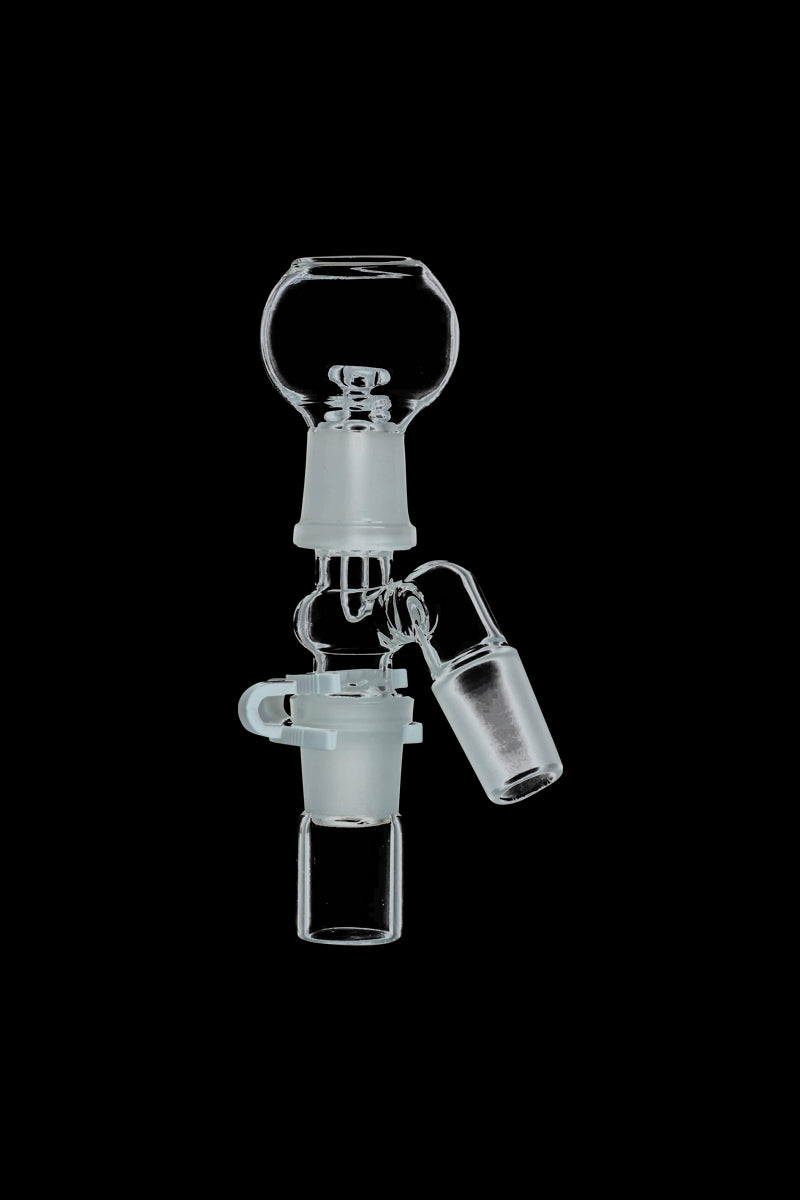 Front-lit close-up of the clear glass Reclaim Catcher showing a 45° angled joint and bulbous top against a black background.