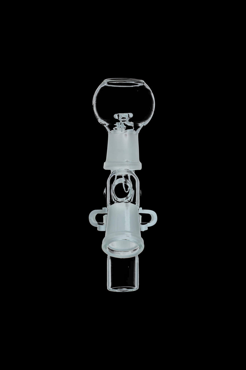 Top-down view of the clear glass Reclaim Catcher centered on a black background, showing the spherical bowl and 90° joint assembly.
