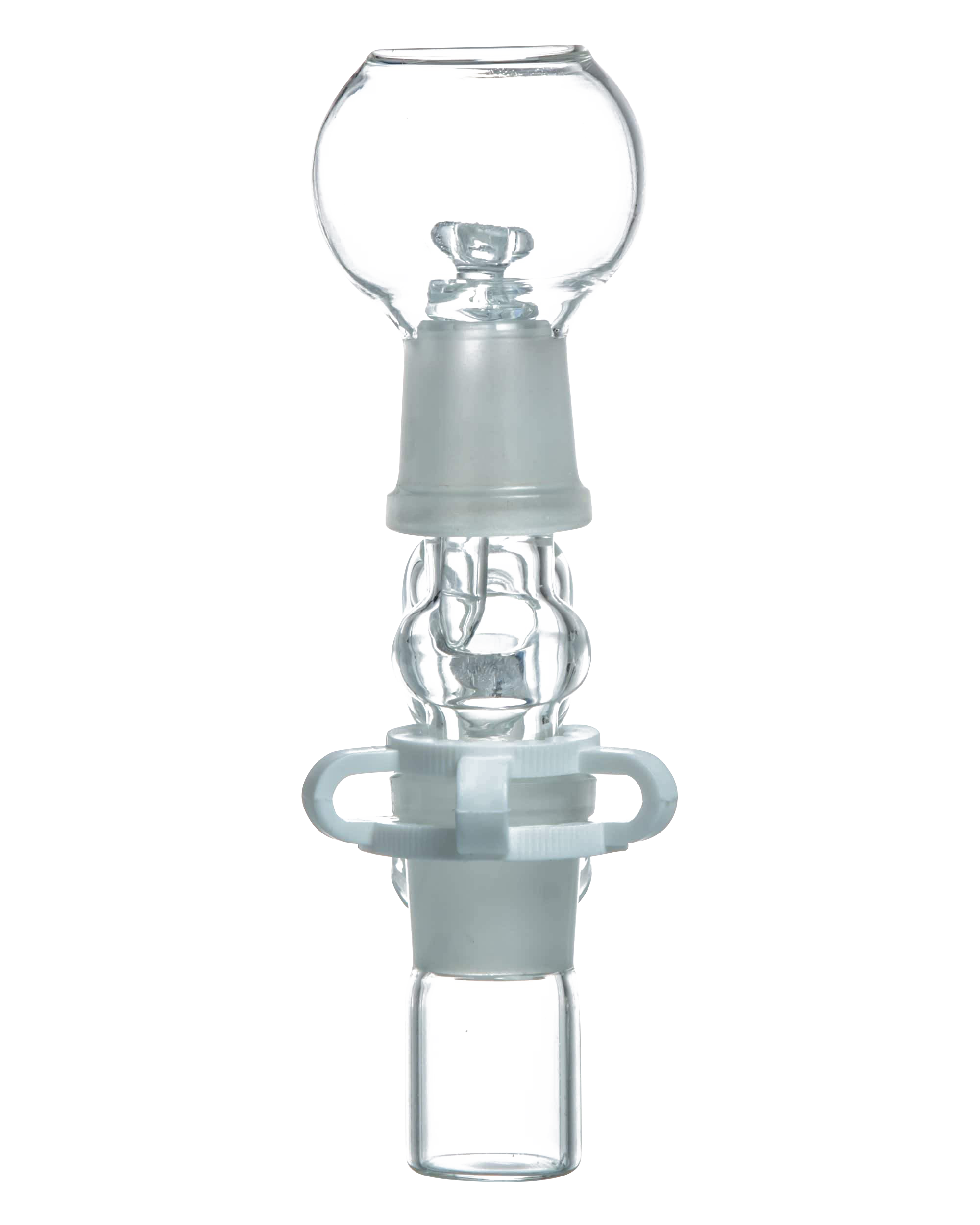 Close-up front view of the clear glass Reclaim Catcher showing its bulbous top, frosted joint, and coiled inner tube against a black background