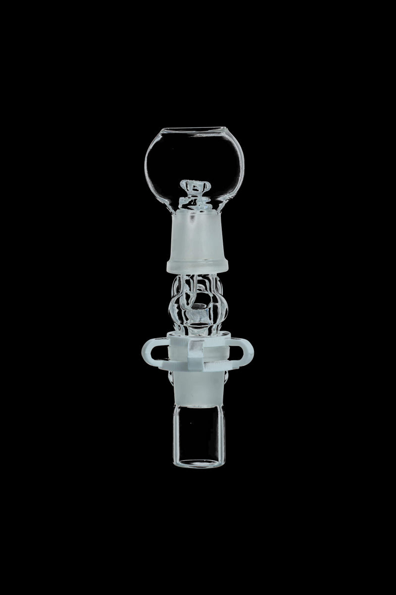 Centered vertical close-up of a clear glass Reclaim Catcher against a black background showing the 90° joint assembly and frosted connections.