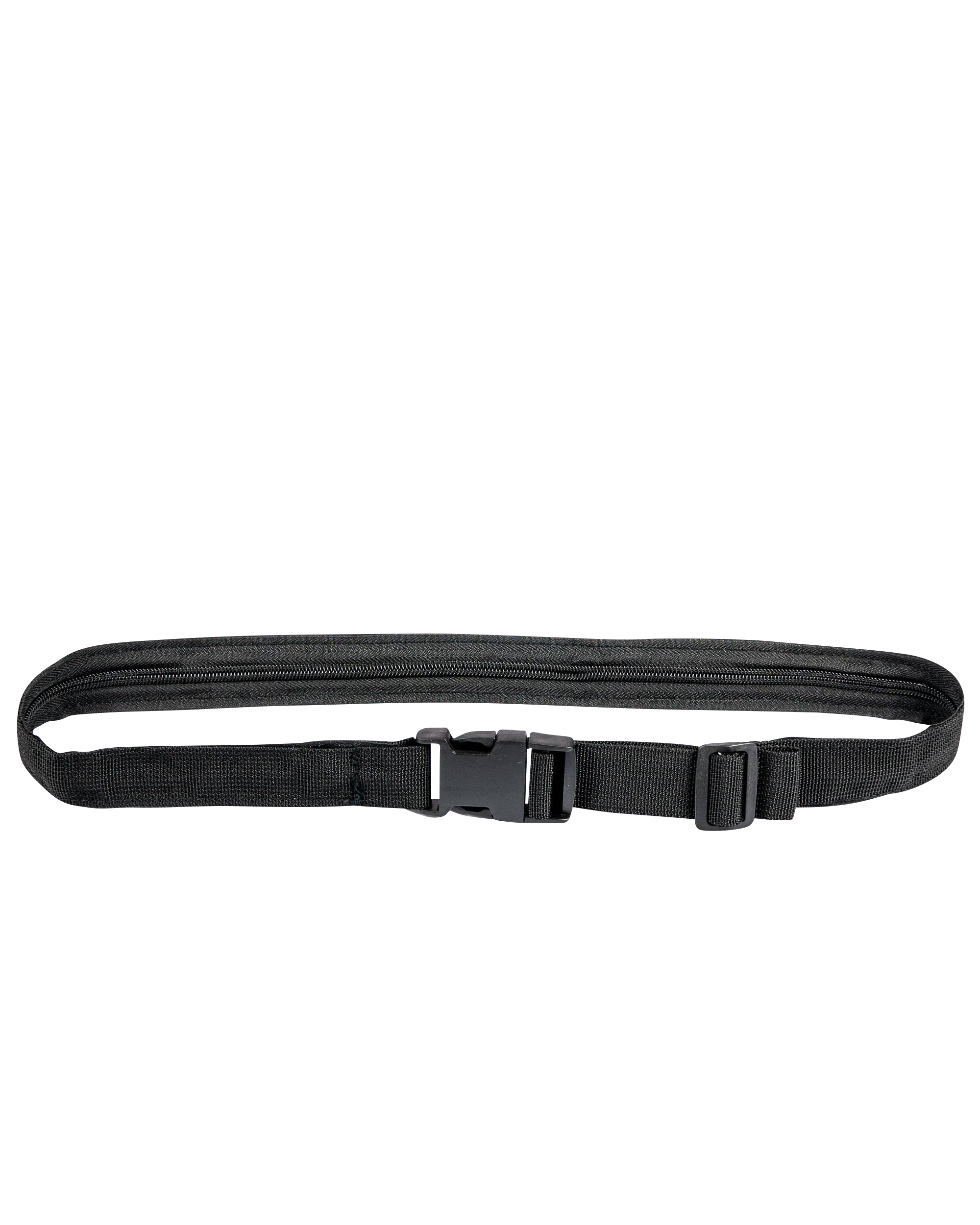 Overhead view of the Secret Stash Belt, a black strap with a plastic buckle, laying flat on a white background.