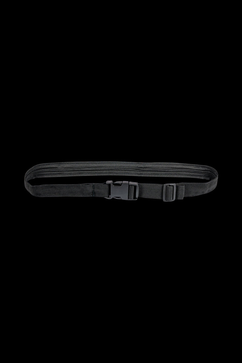 A top-down view of the Secret Stash Belt, a dark-colored fabric belt with a buckle, lying flat on a plain background.