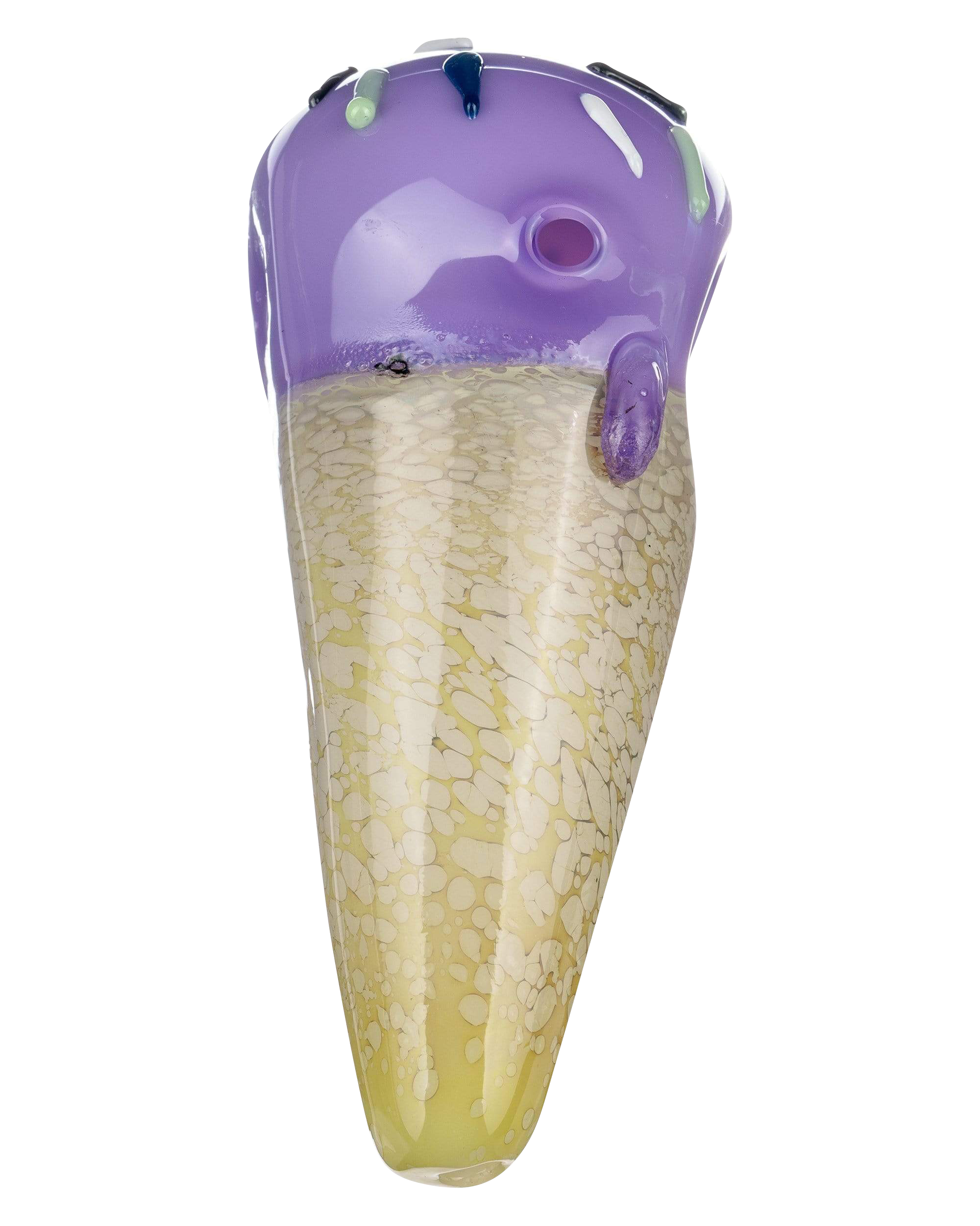 A studio shot of the Single Scoop Ice Cream Spoon Pipe, showcasing its spoon-shaped glass body with a gradient from amber to clear.