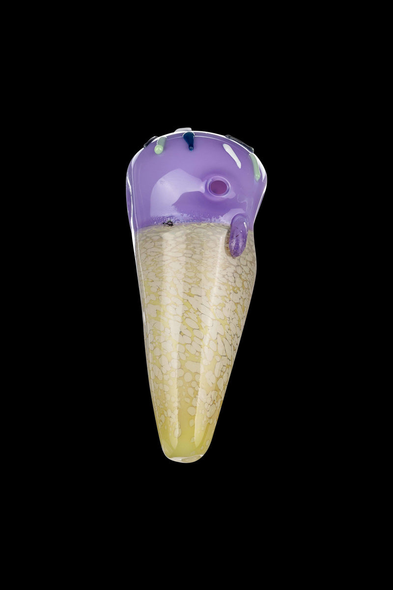 A close-up side view of the Single Scoop Ice Cream Spoon Pipe, showcasing its clear glass and curved design.