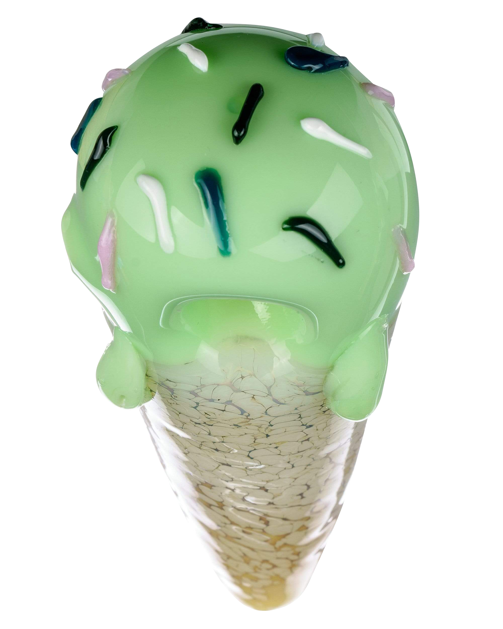A close-up, angled view of the Single Scoop Ice Cream Spoon Pipe, featuring a smooth, sculpted design in shades of green.